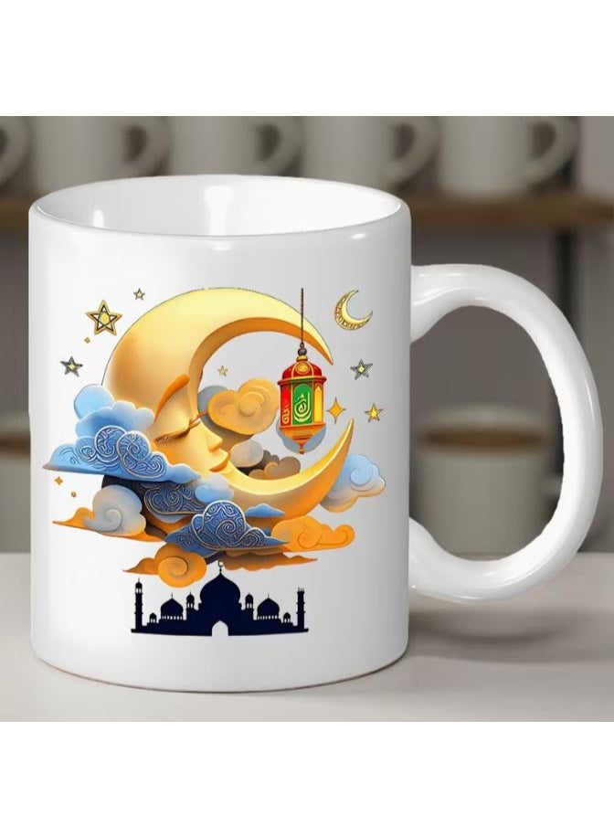 راين كوب سيراميك بنمط رمضان سعة 11 أونصة | كوب بنمط الهلال والفانوس للمشروبات الساخنة والباردة، - Image 1